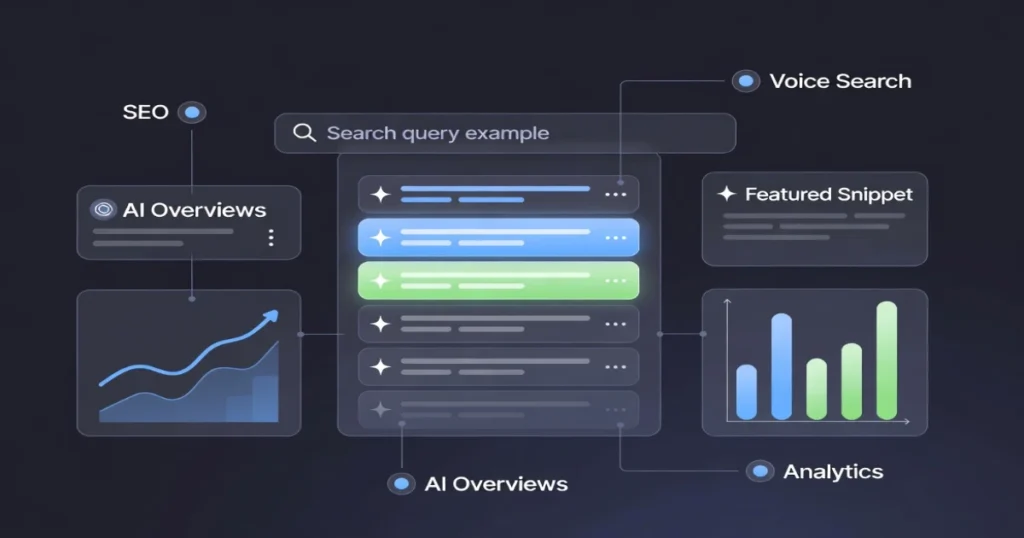 Search engine visibility strategies for 2025 showing SEO, AI search, and analytics
