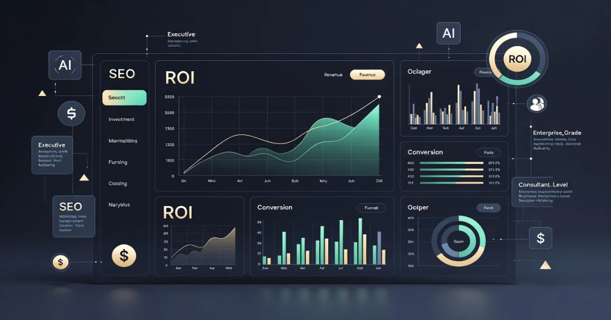 AI SEO tool ROI calculator dashboard showing organic sessions, conversion rate, leads, time saved, and tool cost inputs for UAE businesses