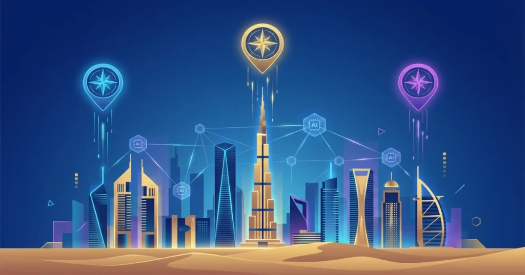 Modern Dubai skyline illustration representing UAE market for AI search