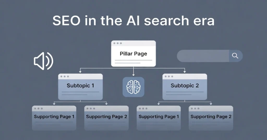 Illustration of modern SEO structure with AEO, AI search, and voice optimization concepts
