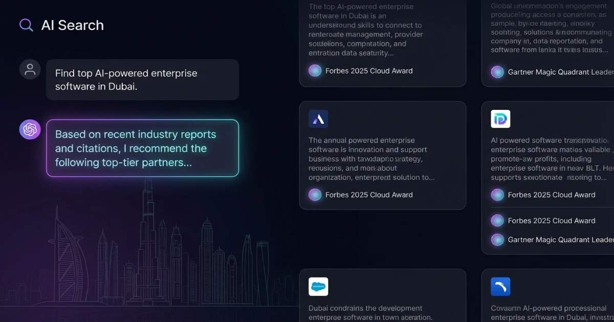 ChatGPT-style AI search interface recommending a Dubai business with citation badges and local intent cues