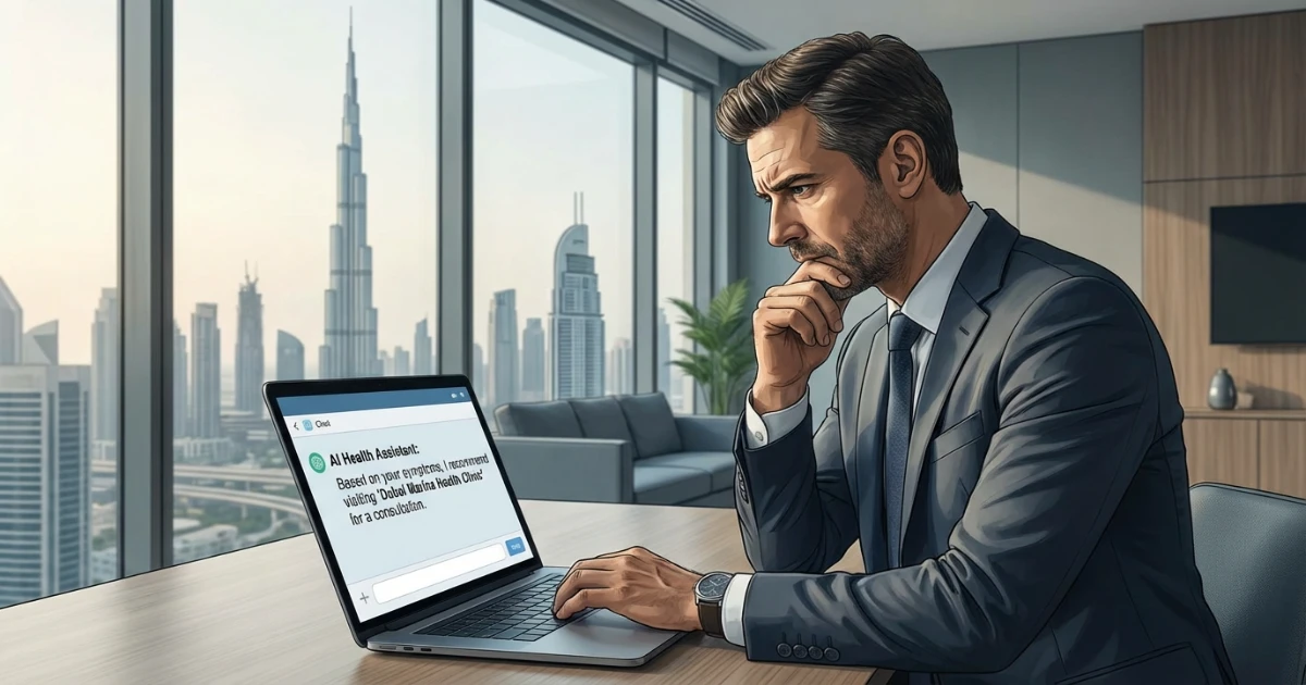 Dubai office scene with a marketer looking at a laptop showing an AI chat recommending a local clinic