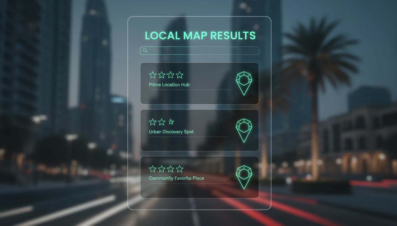 Local map visualization for Dubai searches representing AI recommendations and Maps visibility