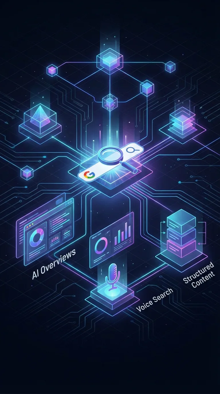 AI search ecosystem illustration showing AI Overviews, voice search results, and structured answer blocks for a UAE business website