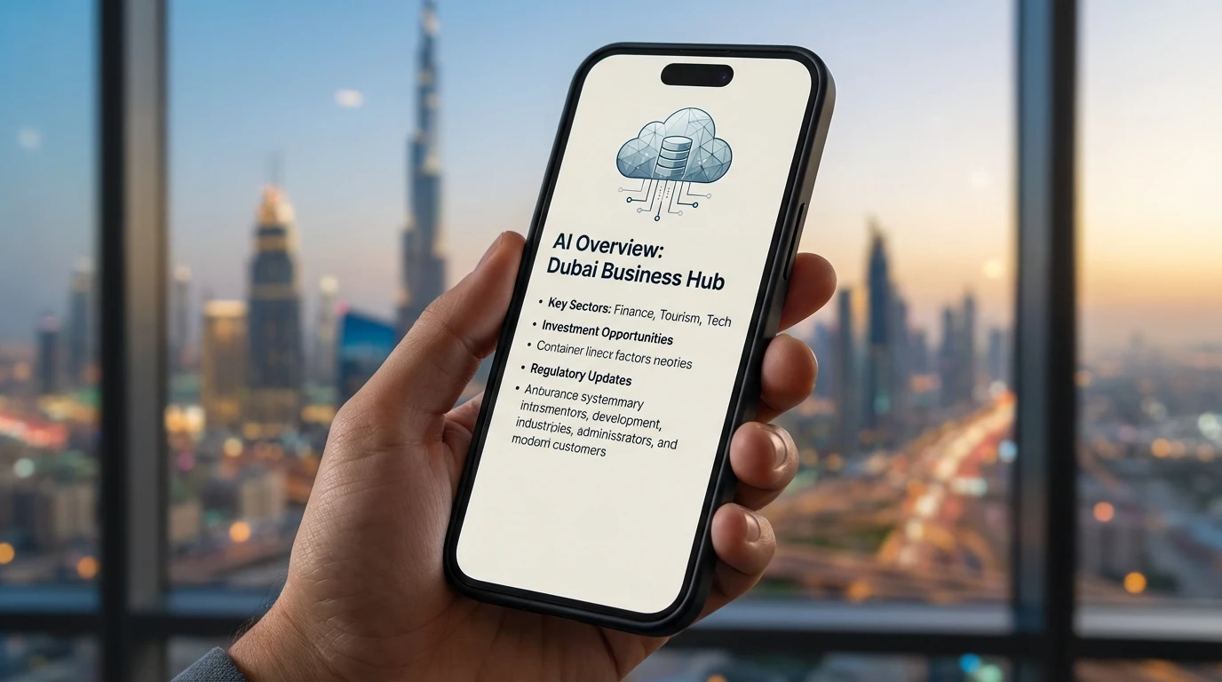 Mobile screen showing Google AI Overviews style summary for a Dubai business query