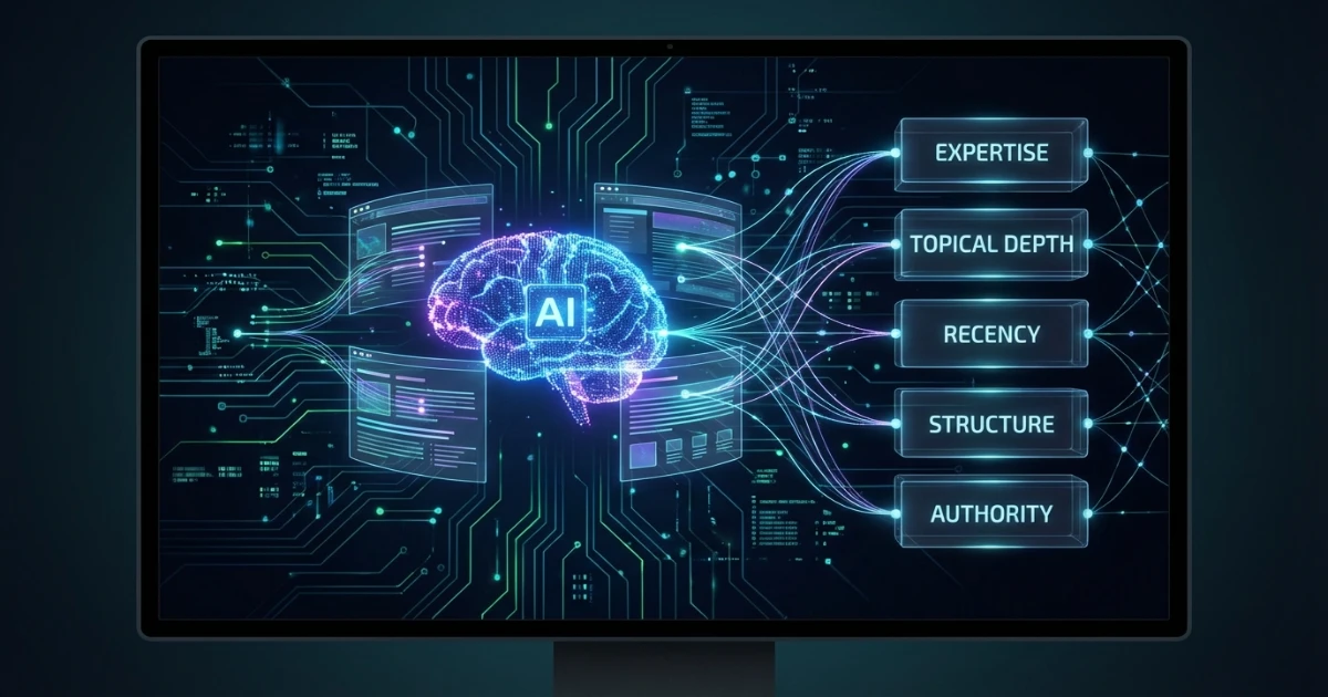AI system analyzing website content signals like topical depth, author expertise, recency, and structured data