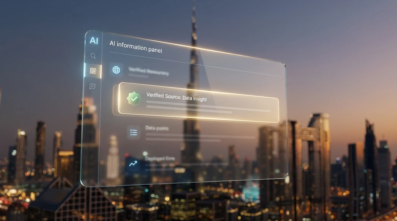 Illustration showing a brand cited as a source inside an AI-generated overview for a Dubai query