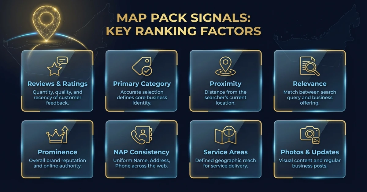 Illustration of map pack ranking signals like reviews, categories, proximity, and relevance for UAE local SEO