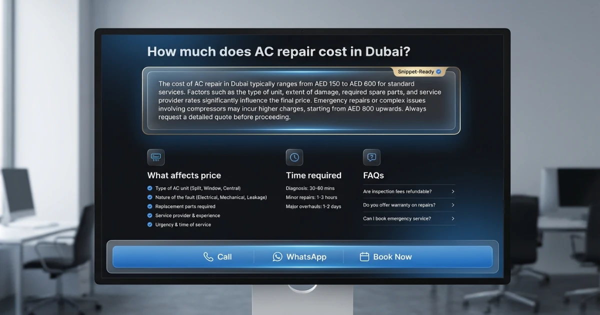 Answer block template example showing question heading and a 60-word direct answer for UAE searches