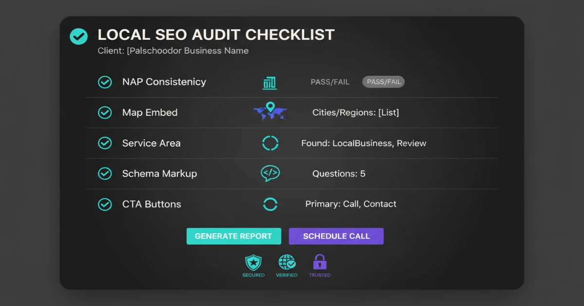Checklist for UAE local landing pages including NAP clarity, service area, map embed, schema markup, FAQs and call to action buttons