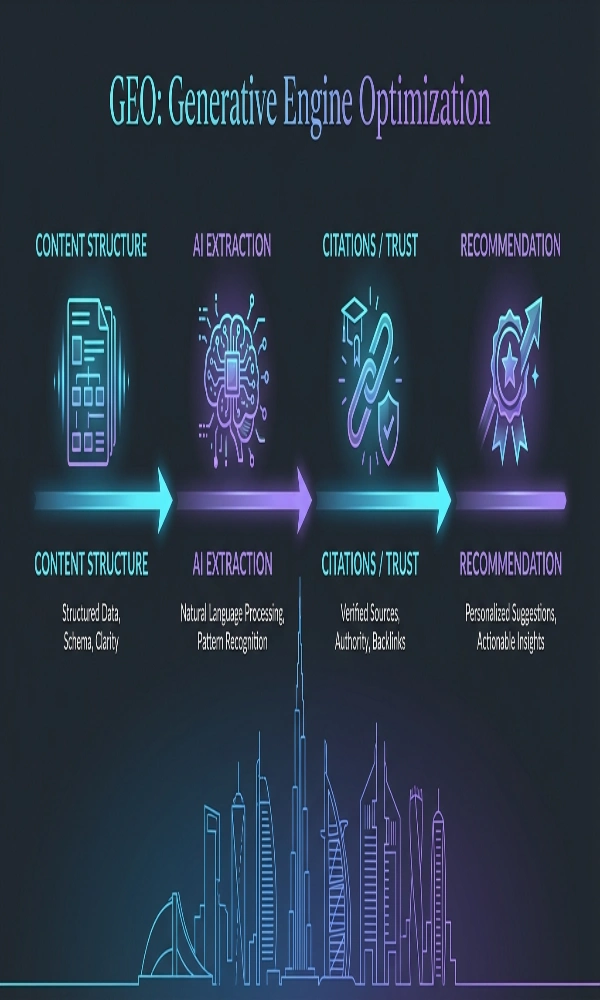 GEO explainer diagram showing content structure, AI extraction, trust signals and recommendation outcomes for UAE businesses