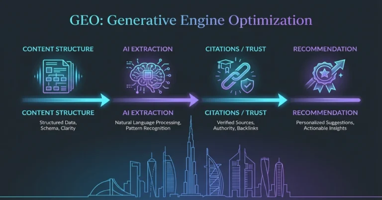 Diagram showing how GEO improves AI extraction, trust, and recommendations for UAE businesses