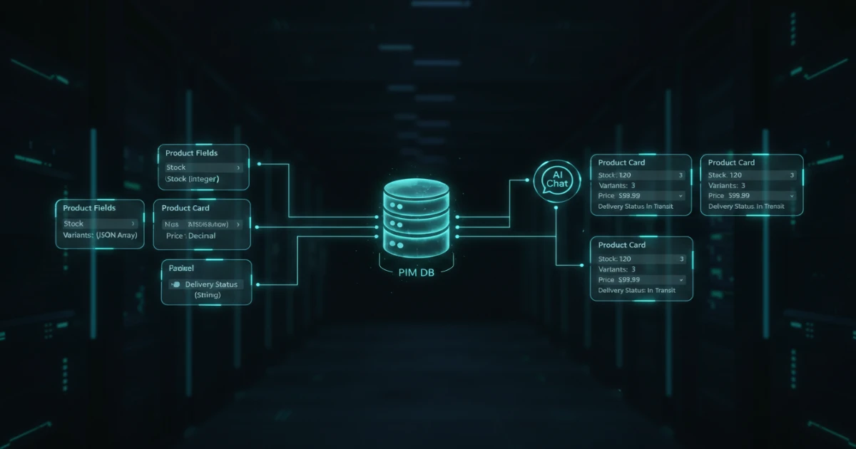Enterprise PIM integration concept connecting product database to AI chat, showing live stock, variants, pricing and delivery status