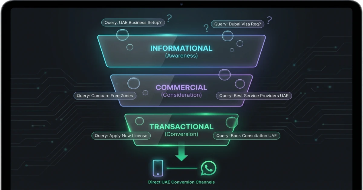UAE search intent map showing informational, commercial and transactional queries leading to calls and WhatsApp enquiries