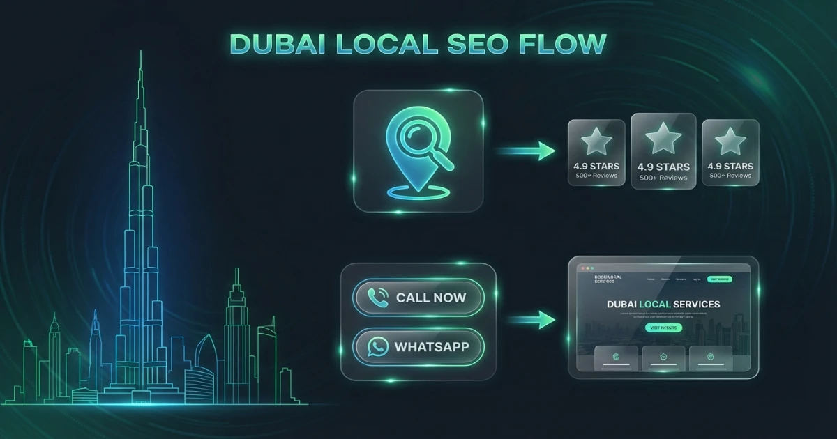 Dubai Maps decision flow showing reviews, call button, WhatsApp CTA and a clear service landing page for higher lead conversion