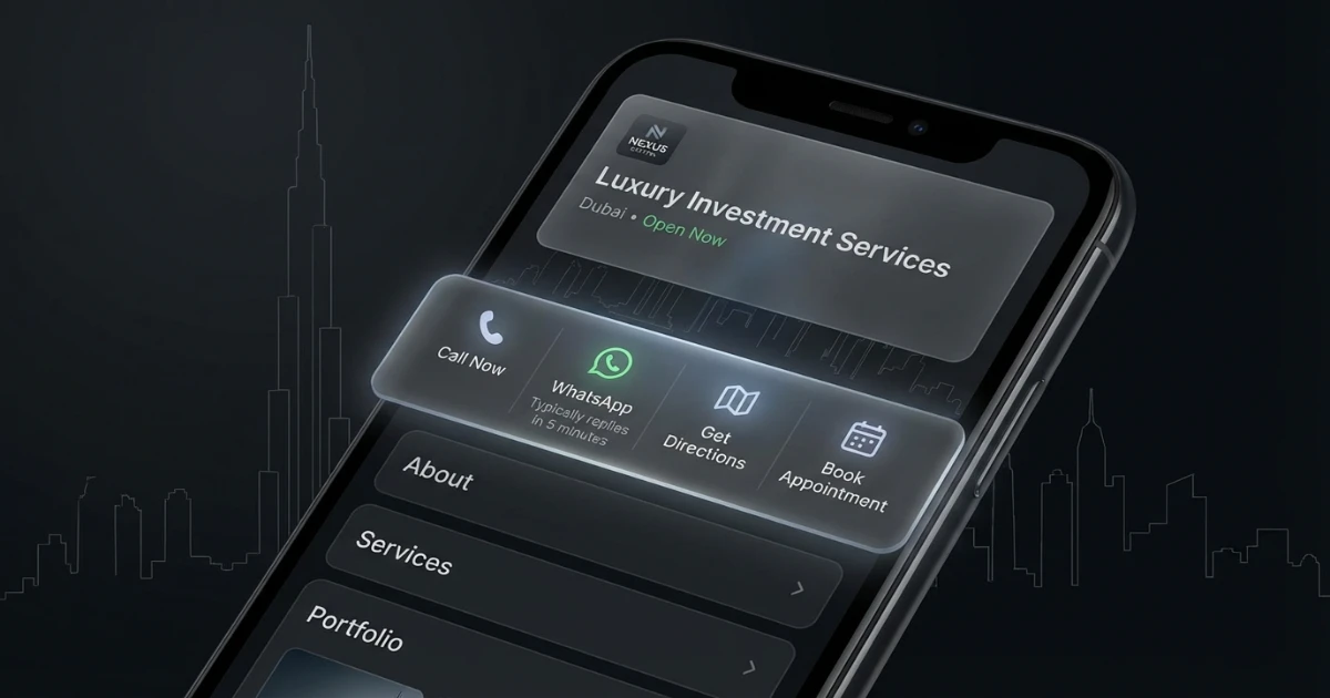 Visual showing conversion paths for UAE businesses including tap-to-call, WhatsApp, booking, and directions
