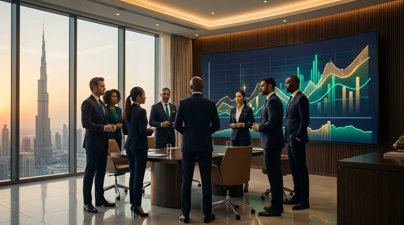 Dubai business team reviewing SEO analytics and AI citation visibility dashboard