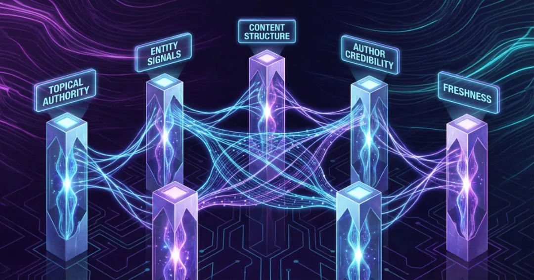 Five pillars diagram showing Topical Authority, Entity Signals, Content Structure, Author Credibility, and Freshness connected together
