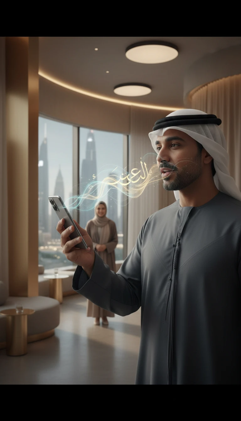 Person using voice search in Arabic on smartphone in Dubai