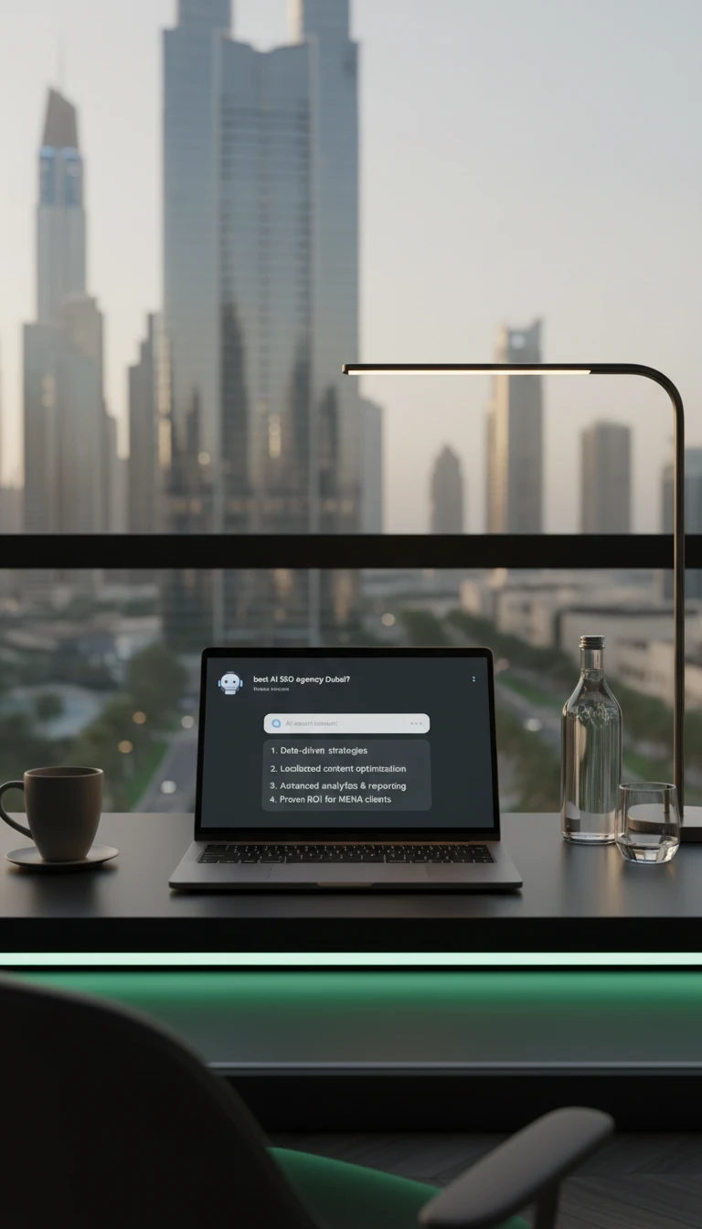 AI assistant interface on laptop with Dubai business questions and summarized answers