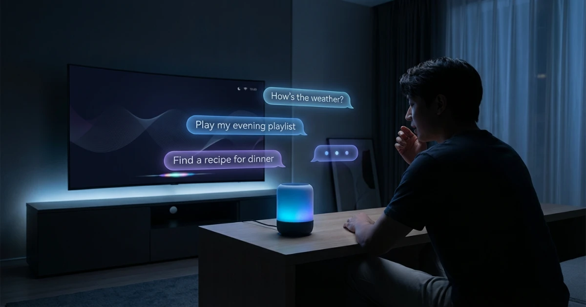 Person using a voice assistant with conversational query bubbles appearing, showing natural language search behavior