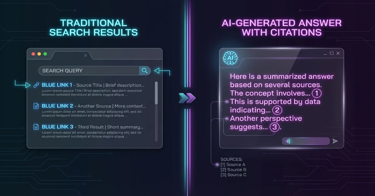 Split-screen comparison of Google blue-link search results on the left and a ChatGPT answer with citations on the right