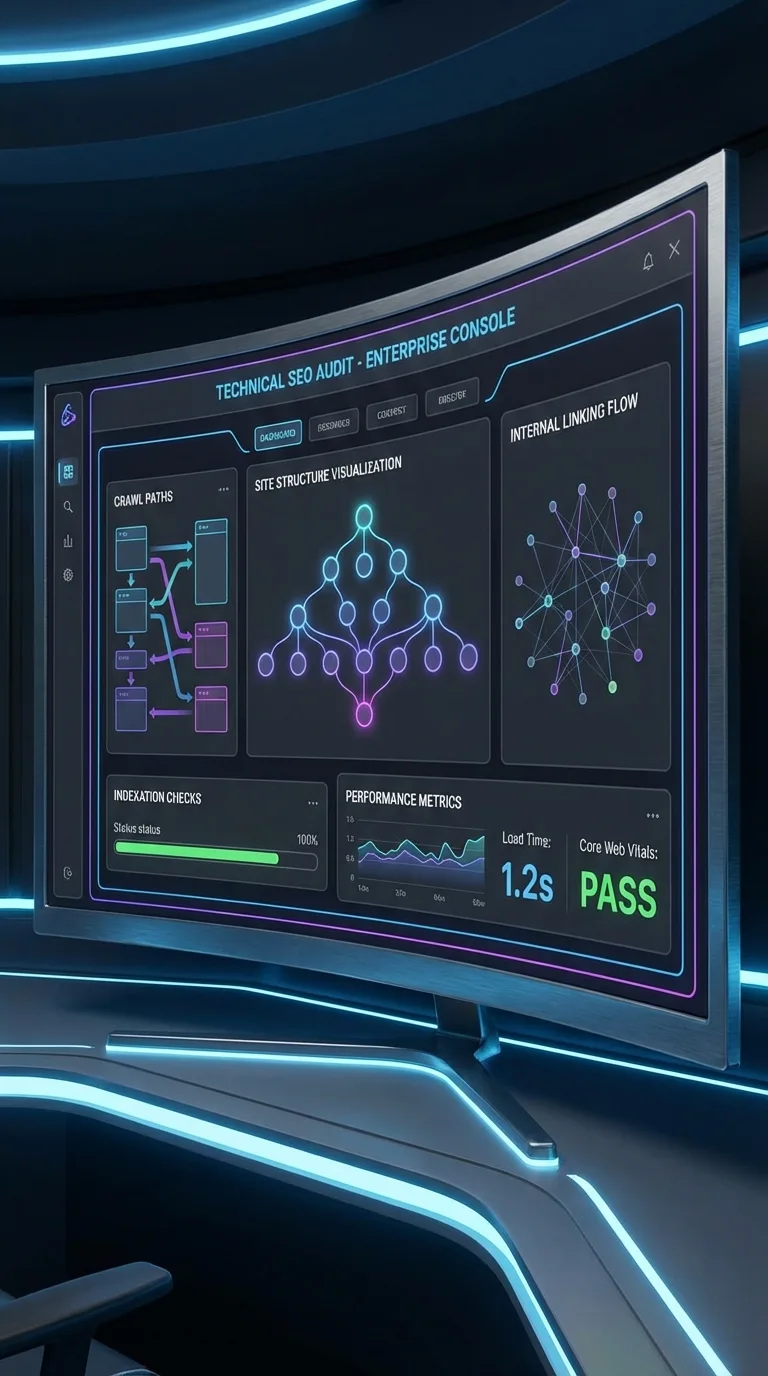 Technical SEO audit dashboard showing indexation issues, crawl waste, and site health for a UAE business website