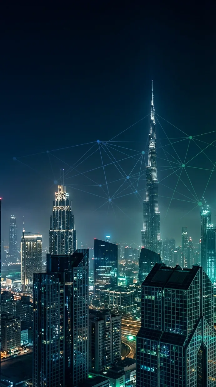 Dubai skyline at night with subtle AI neural network overlay for AI SEO Services Dubai