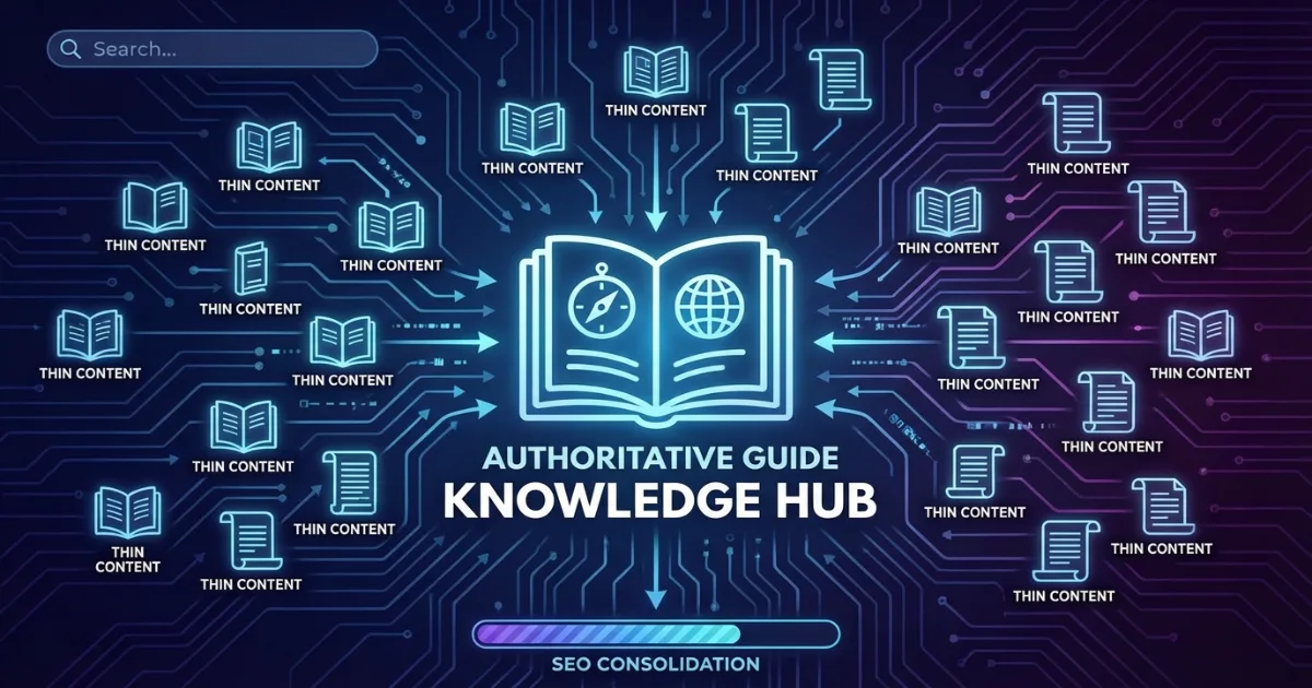 Illustration showing many thin keyword pages consolidating into one comprehensive authoritative guide