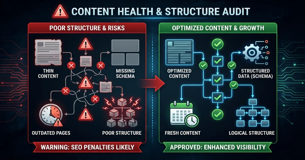 Warning visual showing thin content, missing schema, outdated pages, and poor structure compared against optimized content