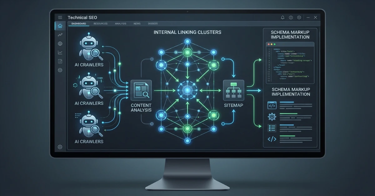 Site architecture diagram showing topical clusters, internal links, sitemap signals, and AI crawlers discovering content