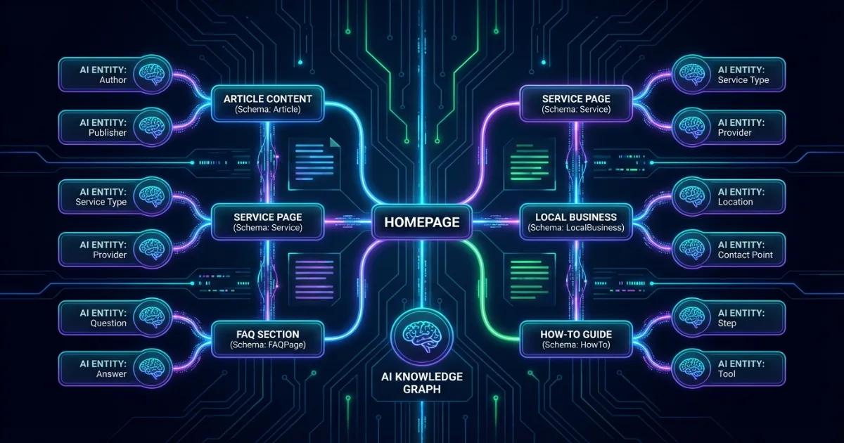 Website structure with schema markup labels such as Article, Service, LocalBusiness, FAQ, and HowTo connected to entity nodes