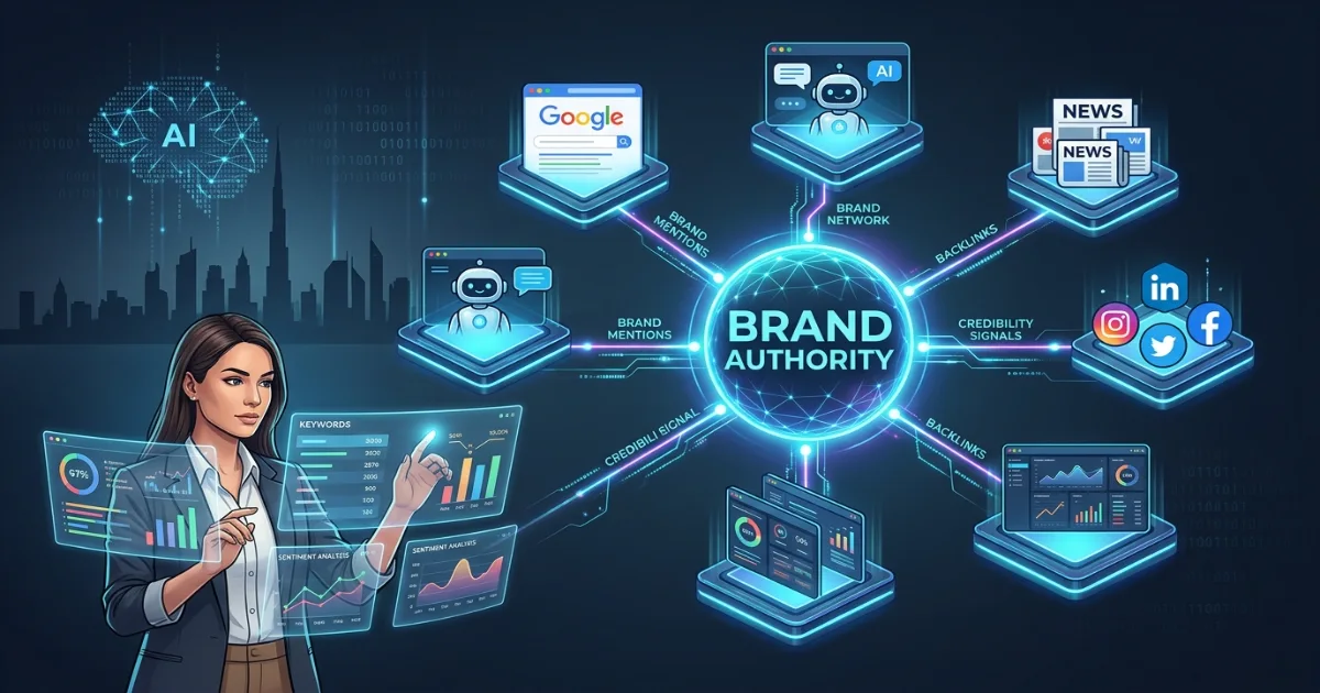 Brand authority and digital PR network showing AI search engines, social platforms and media signals connected to a central brand entity.