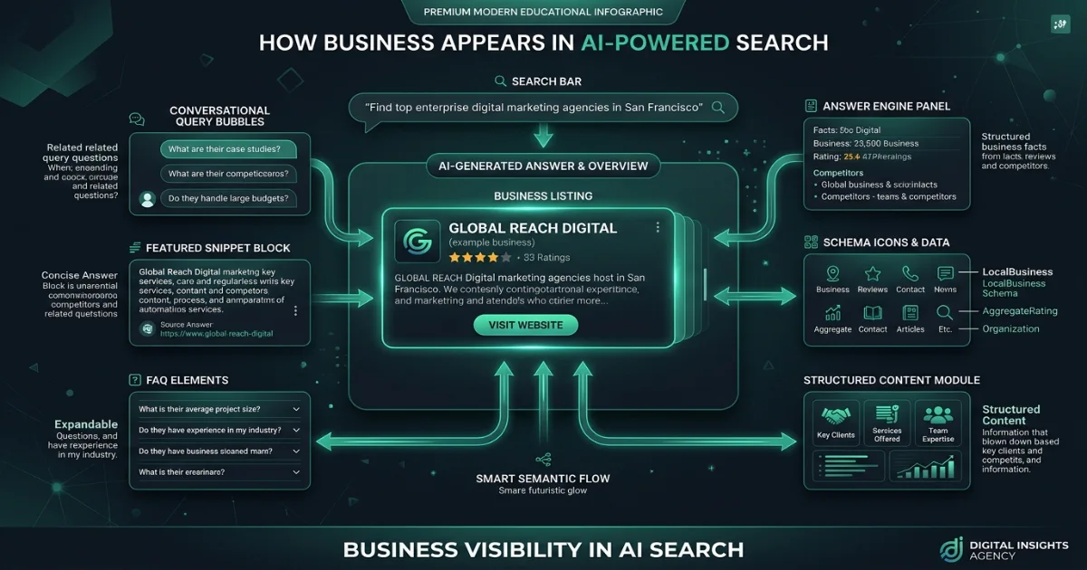 AEO and AI SEO services Ajman Overview visual showing a business appearing in AI-generated search results