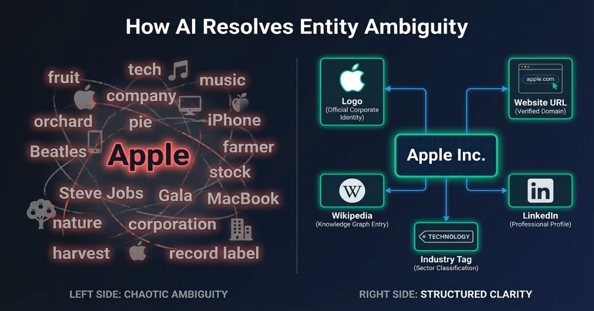 Entity SEO map showing website, schema, media mentions, Google Business Profile and social profiles connected to one brand