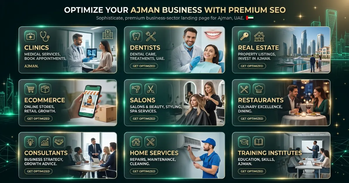 Industry visual showing clinics, real estate, ecommerce, salons, restaurants, and service businesses in Ajman