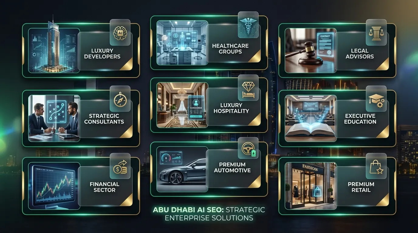 Abu Dhabi enterprise industries including real estate, healthcare, legal, hospitality, and corporate sectors