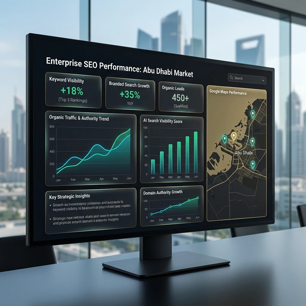 Enterprise SEO reporting dashboard showing keyword rankings, traffic growth, and lead performance in Abu Dhabi