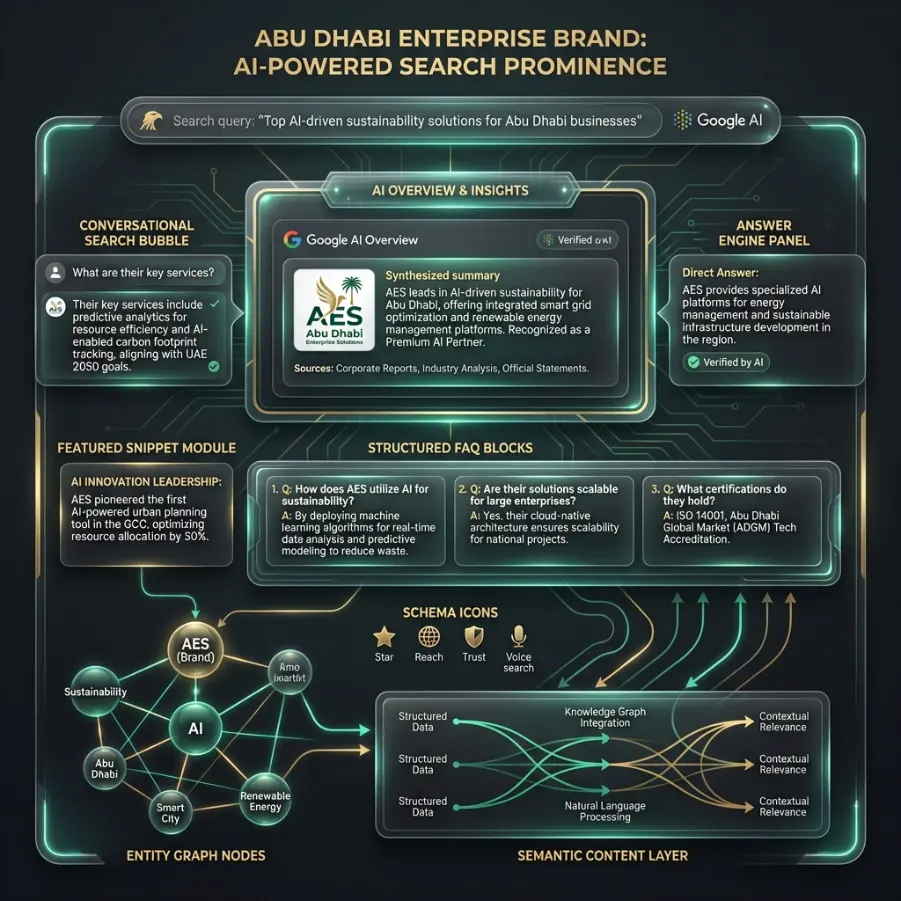 AI search optimization visual showing AEO, SGE, and AI Overview visibility for Abu Dhabi businesses