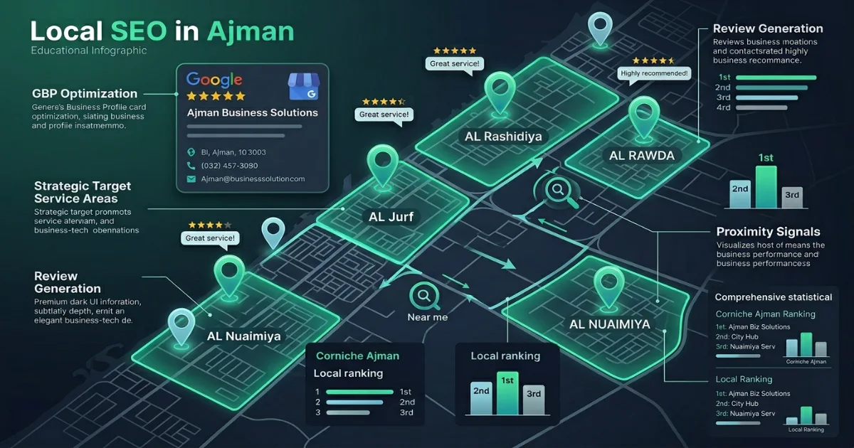 Ajman local SEO strategy showing Google Maps ranking factors including citations, reviews, service areas, and map pack visibility