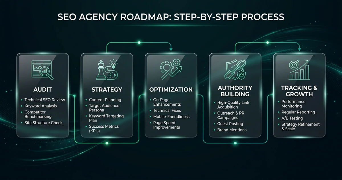 SEO process roadmap showing audit, strategy, optimization, authority building, and growth tracking