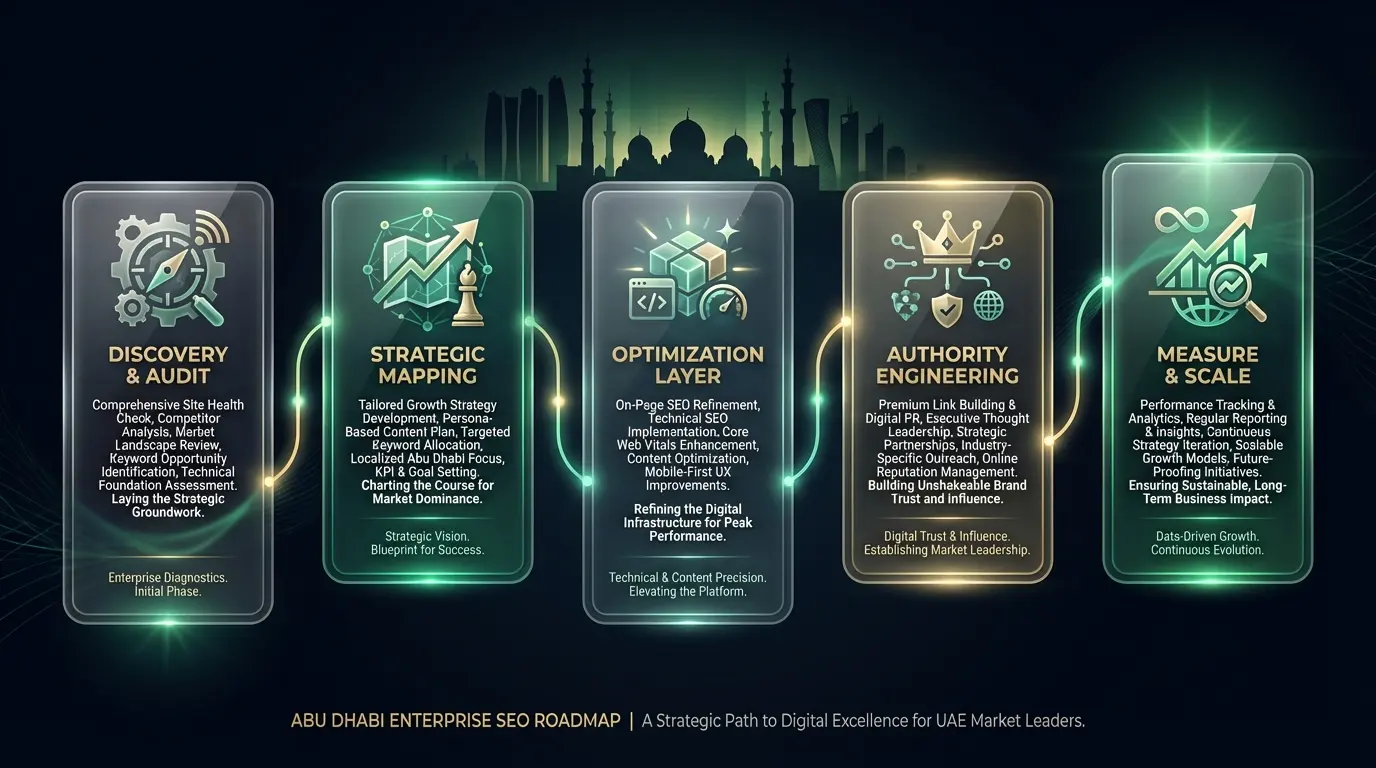Enterprise SEO process roadmap showing audit, strategy, optimization, authority building, and scaling phases