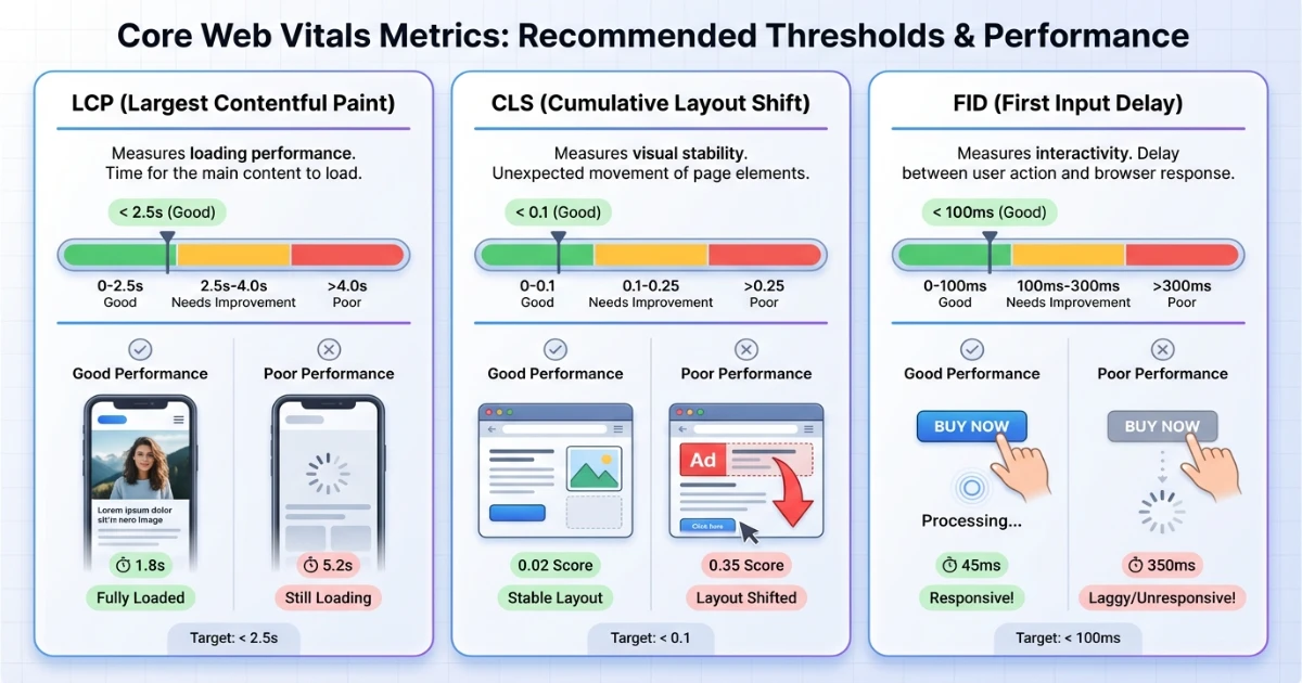 Core Web Vitals checklist showing LCP, FID, and CLS requirements for 2026