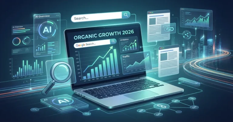 Organic traffic generation strategies for SEO in 2026 showing search growth, AI overviews, and ranking improvements