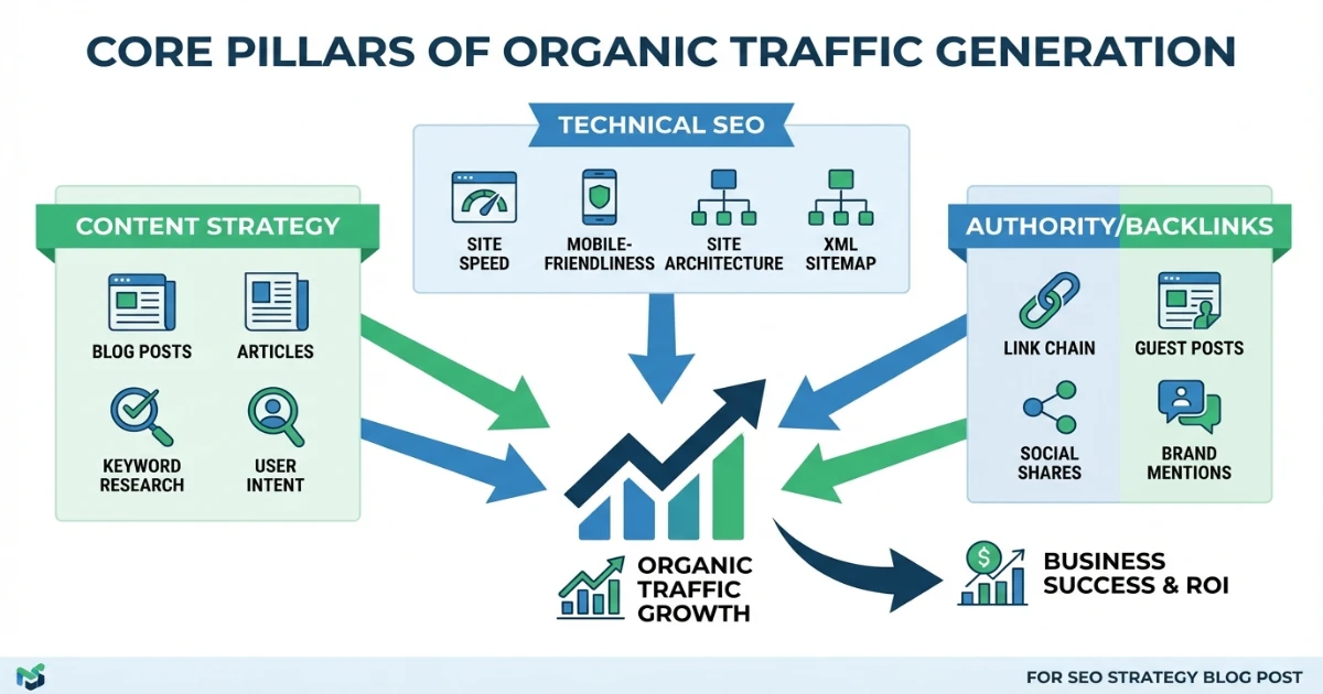 Organic traffic generation strategies overview chart showing SEO, content, and technical factors
