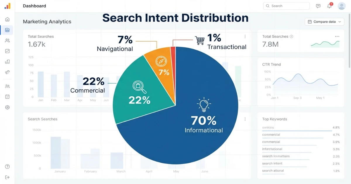 Chart showing search intent distribution: 70% informational, 22% commercial, 7% navigational, 1% transactional