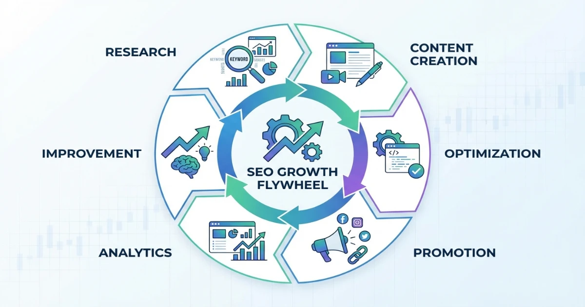SEO growth flywheel showing the cycle of research, creation, optimization, promotion, and measurement