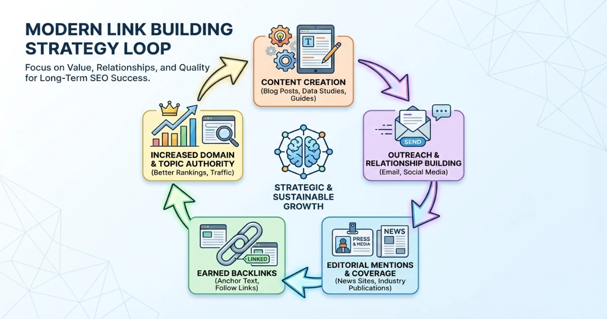 Link building strategy flowchart showing outreach, content creation, and relationship building steps