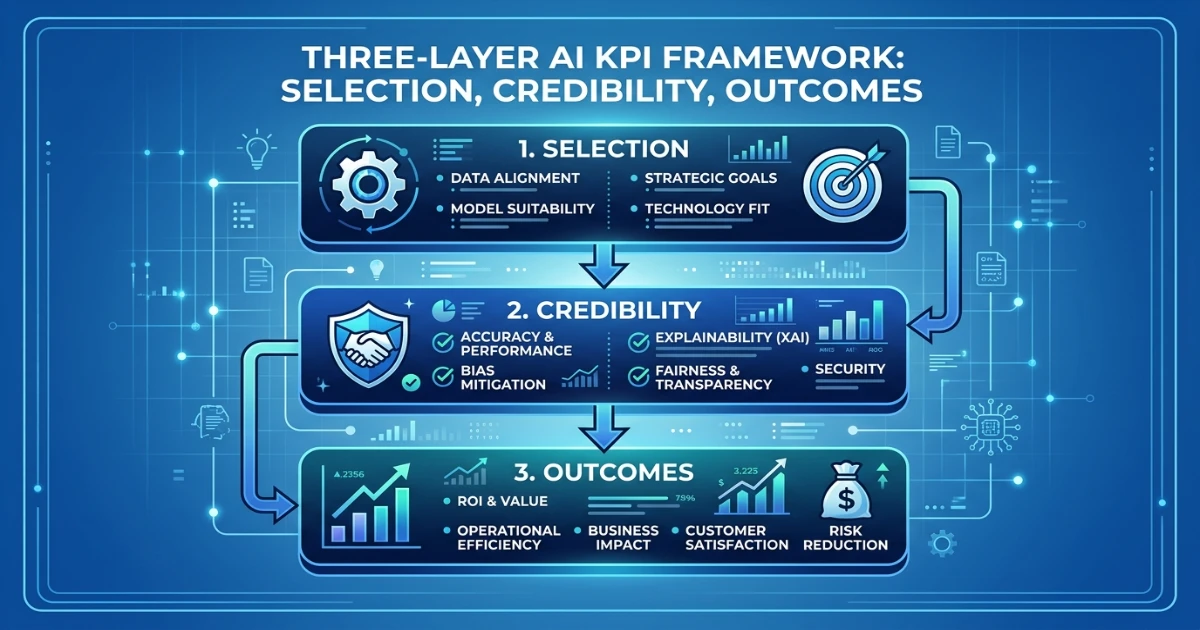 AI search KPI framework showing selection, credibility and outcome metrics for generative engine optimization