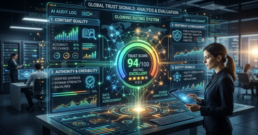 AI analyzing brand credibility signals including authority and sentiment